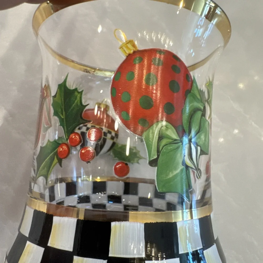 MacKenzie-Childs Deck the Halls Tumblers Set 2 Gold Rim Glass 8oz NEW